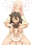  2girls :d ^_^ bags_under_eyes black_hair blush bobfosse casual closed_eyes commentary_request dress floral_print green_eyes hands_on_another&#039;s_stomach heart holding_handheld_game_console hug hug_from_behind katou_asuka kuroki_tomoko long_hair multiple_girls nintendo_switch off-shoulder_shirt off_shoulder open_mouth pink_hair playing_games print_dress shirt simple_background sitting sitting_on_lap sitting_on_person smile spread_legs sweat watashi_ga_motenai_no_wa_dou_kangaetemo_omaera_ga_warui! white_background 