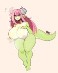  1girl areolae blue_eyes blush breasts flying_sweatdrops full_body green_skin highres hime_cut horns huge_breasts kanel large_areolae leaning_forward long_hair looking_at_viewer nipples nude original pink_hair solo tagme tail thick_thighs thighs white_background 
