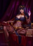  1girl artist_name barefoot black_hair book bracelet breasts cape cleavage collar covered_navel curtains energy fire_emblem highres indoors jewelry lips lipstick long_hair looking_at_viewer makeup navel olga_narhova parted_lips purple_eyes revision see-through sitting solo spread_legs tharja_(fire_emblem) torn_clothes 