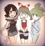  1boy bike_shorts black_hair black_shirt blue_eyes breasts brown_hair cloak dark_skin gift haruka_(pokemon) higana_(pokemon) looking_at_viewer mitsuru_(pokemon) multiple_girls nyonn24 open_mouth pokemon pokemon_(game) pokemon_oras shirt short_hair short_ponytail short_shorts shorts simple_background sleeveless smile 