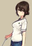  1girl blue_shorts blush brown_eyes brown_hair closed_mouth commentary cowboy_shot denim denim_shorts from_side girls_und_panzer grey_background highres holding_leash kagematsuri leash looking_at_viewer nishizumi_maho shirt short_sleeves shorts simple_background solo white_shirt 