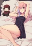  1girl armpits arms_up bare_legs bare_shoulders black_camisole cellphone collarbone girls_frontline hair_between_eyes highres long_hair looking_at_viewer lying magatsuizanagi000 multicolored_hair one_eye_closed parted_lips phone pillow pink_hair purple_eyes solo spaghetti_strap st_ar-15_(girls_frontline) streaked_hair 