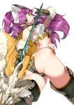  1girl angela_(seiken_densetsu_3) armor ass bangs bikini bikini_armor boots breastplate breasts cape commentary_request eyebrows_visible_through_hair feather_trim fur_trim gloves green_eyes helmet holding holding_weapon long_hair looking_at_viewer looking_back medium_breasts open_mouth pointy_ears polearm purple_hair saburou_(hgmg) seiken_densetsu seiken_densetsu_3 shiny shiny_clothes shiny_hair shiny_skin sidelocks simple_background smile solo spear swimsuit thigh_boots thighhighs thighs twisted_torso weapon white_background 