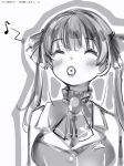  1girl bare_shoulders blush bow bowtie breasts closed_eyes eyebrows_visible_through_hair facing_viewer fue_ramune greyscale hair_bow highres hololive houshou_marine large_breasts long_hair monochrome musical_note nanashi_(nlo74593630) simple_background smile solo spoken_musical_note twintails upper_body virtual_youtuber whistling white_background 