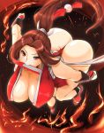  1girl ass breasts brown_eyes brown_hair cleavage fan fatal_fury fire folding_fan highres japanese_clothes large_breasts long_hair pelvic_curtain ponytail red_fire revealing_clothes rope shiranui_mai sippufx solo the_king_of_fighters tied_hair 