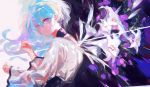  1girl collar commentary dress expressionless flower flower_(vocaloid) from_behind highres lily_(flower) long_hair looking_at_viewer looking_back purple_collar purple_eyes qq_orikou solo upper_body v_flower_(vocaloid4) vocaloid white_dress white_flower white_hair 