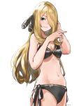  1girl bare_arms bare_shoulders bikini black_bikini blonde_hair blue_eyes breasts cleavage commentary_request cowboy_shot e-co groin hair_ornament hair_over_one_eye long_hair looking_at_viewer medium_breasts navel pokemon pokemon_(game) pokemon_dppt shirona_(pokemon) side-tie_bikini simple_background smile solo stomach swimsuit thighs white_background 