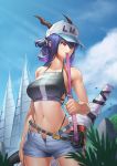  1girl arknights bangs bare_arms bare_shoulders baseball_cap bikini blue_hair blue_sky breasts ch&#039;en_(arknights) cloud commentary cowboy_shot day dragon_horns folded_ponytail grey_bikini grey_shorts hair_between_eyes hat heart highleg highleg_bikini highres horns klon large_breasts long_hair mouth_hold navel open_fly pouch red_eyes short_shorts shorts sky solo standing stomach swimsuit 