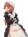  1girl 2l_(2lsize) absurdres ass bangs black_dress blush commentary_request dress dress_lift hat highres juliet_sleeves lifted_by_self long_hair long_sleeves looking_at_viewer maid mob_cap original panties puffy_sleeves red_hair simple_background solo thighhighs underwear white_background white_headwear white_legwear white_panties 