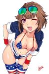  1girl aiuchi american_flag_bikini american_flag_legwear artist_name aviator_sunglasses bikini breasts brown_hair commentary_request cowboy_shot eyewear_on_head fingerless_gloves flag_print girls_frontline gloves grizzly_mkv_(girls_frontline) highres large_breasts leaning_forward looking_at_viewer one_eye_closed purple_eyes red_gloves short_hair simple_background smile solo standing sunglasses swimsuit thighhighs white_background 