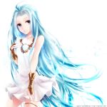  1girl 2017 ahoge blue_eyes blue_hair bridal_gauntlets choker closed_mouth collarbone cowboy_shot dress floating_hair granblue_fantasy long_hair looking_at_viewer lyria_(granblue_fantasy) ozehex short_dress simple_background sleeveless sleeveless_dress smile solo standing thighlet very_long_hair water watermark web_address white_background white_dress 