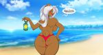  &lt;3 anthro beach big_breasts bottle breasts brown_body brown_fur clothed clothing cloud female fur grey_hair hair huge_breasts long_hair mammal mastergodai naomi_(mastergodai) open_mouth rear_view sand sea seaside sky solo speech_bubble sunscreen text thong topless underwear ursid water 