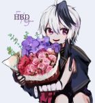  1girl bandaged_arm bandages bouquet character_name dated fingerless_gloves flower flower_(vocaloid) gloves gomiyama grey_background happy_birthday highres holding holding_bouquet jacket leaning_to_the_side multicolored_hair open_mouth pink_flower purple_eyes purple_flower purple_gloves purple_hair purple_jacket red_flower short_hair_with_long_locks sideways_glance sitting sleeveless sleeveless_jacket smile solo streaked_hair v_flower_(vocaloid4) vocaloid white_hair 