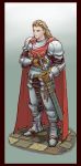  1boy armor blonde_hair blue_eyes boots brown_gloves cape cobblestone full_body gloves gradient gradient_background highres lans_hamilton long_hair looking_at_viewer male_focus pauldrons red_cape sheath sheathed simple_background solo sword tactics_ogre weapon windcaller 
