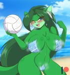  anthro ball beach big_breasts blue_eyes blush breasts clothed clothing cloud domestic_cat felid feline felis female fur green_body green_fur green_hair hair happy hawke_(mastergodai) ice mammal mastergodai mostly_nude open_mouth sand sea seaside skimpy sky solo sport tongue volleyball volleyball_(ball) water 