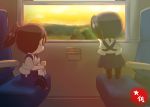  2girls artist_name blue_hakama brown_hair chibi commentary_request cup dual_persona full_body hakama hakama_skirt japanese_clothes kaga_(kantai_collection) kantai_collection long_hair minigirl mountain multiple_girls scenery side_ponytail sitting standing sunset taisa_(kari) tasuki train_interior window 