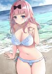  1girl bare_arms bare_shoulders beach bikini blue_eyes bow breasts cleavage collarbone day frilled_bikini frills fujiwara_chika hair_bow halter_top halterneck highres kaguya-sama_wa_kokurasetai_~tensai-tachi_no_renai_zunousen~ large_breasts long_hair looking_at_viewer navel noeru_(gt17854) ocean outdoors pink_hair side-tie_bikini sitting solo stomach swimsuit thighs water white_bikini 