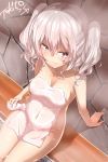  1girl alcohol blush bottle breasts cleavage closed_mouth covered_navel covered_nipples grey_eyes groin highres kantai_collection kashima_(kantai_collection) large_breasts long_hair looking_at_viewer naked_towel onsen silver_hair sitting smile solo steam thighs tokito_yu towel twintails water wavy_hair wet 