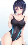  1girl absurdres bangs bare_thighs black_hair black_swimsuit breasts cleavage collarbone commentary_request competition_swimsuit covered_navel eyebrows_visible_through_hair gradient gradient_background highres large_breasts niyu_n_iyun one-piece_swimsuit parted_lips purple_eyes school_swimsuit senki_zesshou_symphogear signature simple_background sitting smile solo swimsuit swimsuit_pull thighs tomosato_aoi undersized_clothes wet 