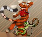  anthro balancing breasts butt clothing dreamworks duo felid feline female female/female feral fur genitals kung_fu_panda looking_back mammal markings master_tigress master_viper mostly_nude nipples pantherine pussy reptile scalie side_boob simple_background smile snake stripes thewizardstick tiger 