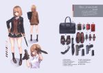  1girl bag bangs bare_thighs blazer blunt_bangs bow brown_eyes brown_hair cardigan cellphone character_name character_sheet english_text fashion from_behind full_body gloves gun handgun holding holding_gun holding_weapon iphone_x jacket karambit knife koh_(minagi_kou) looking_at_viewer magazine_(weapon) miniskirt multiple_views multiple_weapons open_blazer open_clothes open_jacket original phone pleated_skirt profile revision school_uniform shoes short_hair skirt smartphone standing up_sleeve watch weapon white_background wristwatch 