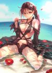  1girl bare_shoulders beach black_swimsuit blue_sky blush braid braided_ponytail breasts brown_hair cleavage closed_mouth collarbone consort_yu_(fate) fate/grand_order fate_(series) glasses heroic_spirit_festival_outfit highres large_breasts long_hair looking_at_viewer navel ocean red_eyes single_braid sitting sky solo sunday_se7en swimsuit thighs very_long_hair wariza water 