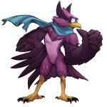  1:1 absurd_res alpha_channel anthro avian bird elranno eyewear feather_hands feathers gesture goggles hand_on_hip hi_res male official_art pointing pointing_at_self purple_body purple_feathers rivals_of_aether scarf simple_background solo talons transparent_background video_games wrastor 