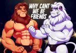  2019 abs absurd_res anthro biceps bulge clothed clothing disney duo enlish_text felid hi_res kimba kimba_the_white_lion lion male mammal muscular muscular_male osamu_tezuka pantherine pecs simba tehbluebubble the_lion_king topless underwear 
