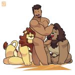  1:1 absurd_res anthro balls biceps brown_hair erection felid genitals group hair hi_res human human_on_anthro humanoid_genitalia humanoid_penis interspecies lion male male/male mammal muscular muscular_male nude pantherine penis simple_background sitting standing tehbluebubble toony white_background 