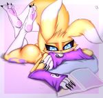  black_claws black_sclera blue_eyes canid canine claws clothing comic_book digimon digimon_(species) eyebrows female fingers fur gloves handwear looking_down mammal markings pawpads pillow pink_background pink_pawpads purple_markings reading renamon simple_background solo spritermx toe_claws toes white_body white_fur yellow_body yellow_fur 
