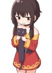  1girl :i animal bangs bare_shoulders belt black_belt black_collar brown_hair collar commentary_request dress eyebrows_visible_through_hair holding holding_animal kono_subarashii_sekai_ni_shukufuku_wo! large_belt long_sleeves longcat megumin orange_dress pensuke red_dress red_eyes short_hair_with_long_locks simple_background white_background 