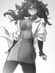  1girl android_21 blue_eyes breasts checkered checkered_dress dragon_ball dragon_ball_fighterz dress earrings glasses grey_background greyscale hoop_earrings jewelry kemachiku labcoat long_hair looking_at_viewer medium_breasts monochrome red_ribbon_army simple_background solo 