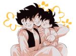  3boys ;) ^_^ arms_at_sides black_hair blush blush_stickers brothers cheek-to-cheek chinese_clothes clenched_teeth closed_eyes dragon_ball dragon_ball_z father_and_son fingernails floral_background flower grin haha_(haha_db) hand_on_another&#039;s_back hands_on_another&#039;s_shoulders happy hug hug_from_behind long_sleeves looking_at_another male_focus monochrome multiple_boys one_eye_closed orange_flower pants pectorals shaded_face shirt siblings side-by-side simple_background sitting sitting_on_lap sitting_on_person smile son_gohan son_gokuu son_goten teeth waistcoat white_background white_shirt wristband 