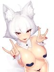  1girl ahoge animal_ears bangs bare_shoulders blush breasts brown_eyes detached_collar dev eyebrows_visible_through_hair fox_ears fox_shadow_puppet fox_tail highres large_breasts looking_at_viewer maebari multiple_tails navel nude open_mouth original pasties red_nails tail thick_eyebrows transparent_background white_hair wrist_cuffs 