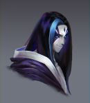  1boy big_eye blue_hair closed_mouth collarbone dark_blue_hair face facial_mark glowing glowing_eyes grey_background kayneth_el-melloi_archibald league_of_legends light_blue_hair lol_kuno long_hair male_focus multicolored multicolored_hair no_pupils pale_skin simple_background smile solo upper_body 