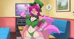 anthro blush breasts canid canine canis cleavage clothed clothing domestic_dog female green_clothing hair hat headgear headwear holidays karaoke mammal mastergodai one_eye_closed open_mouth purple_eyes purple_hair solo speech_bubble st._patrick&#039;s_day text thong underwear wink 