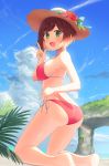  1girl ass bikini blue_sky brown_hair cloud commentary_request condensation_trail day fang feet_out_of_frame green_eyes hat highres idolmaster idolmaster_cinderella_girls kneeling kurageso looking_at_viewer maekawa_miku outdoors pink_bikini short_hair side-tie_bikini sky solo straw_hat sun_hat swimsuit 