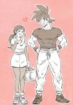  1boy 1girl :d ^_^ alternate_costume amepati arm_at_side baggy_pants bangs basket black_eyes black_footwear black_hair black_legwear black_shirt blunt_bangs blush breasts chi-chi_(dragon_ball) clenched_hands closed_eyes couple dragon_ball dragon_ball_z drying full_body hands_on_hips happy heart height_difference hetero holding holding_basket legs_together long_sleeves looking_at_another looking_down medium_breasts monochrome muscle open_mouth outline pants pantyhose pink_background pink_theme ponytail shirt shoes short_sleeves shorts side-by-side sidelocks simple_background smile sneakers son_gokuu spiked_hair spot_color standing towel towel_around_neck white_footwear white_outline white_pants white_shirt white_shorts wristband 