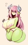 1girl areolae blue_eyes blush breasts collarbone green_skin hime_cut horns huge_breasts inverted_nipples kanel large_areolae long_hair looking_at_viewer nina_(kanel) nipples nude original pink_hair solo sweat tagme tail thick_thighs thighs white_background 