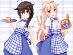  2girls ahoge alternate_costume apron basket black_hair black_ribbon blonde_hair blue_apron blue_eyes braid breasts checkered_apron employee_uniform gingham gingham_apron gradient_hair hair_flaps hair_ornament hair_over_shoulder hair_ribbon hairclip highres holding holding_basket holding_tray kantai_collection kobeya koubeya_uniform long_hair minakami_mimimi multicolored_hair multiple_girls plaid plaid_apron red_eyes red_hair remodel_(kantai_collection) ribbon shigure_(kantai_collection) single_braid small_breasts smile tongs tray uniform waitress yuudachi_(kantai_collection) 