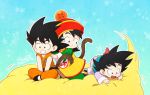  3boys :d :o black_eyes black_footwear black_hair blue_background brothers china_dress chinese_clothes clenched_teeth clothes_writing dbcdef dot_nose dougi dragon_ball dragon_ball_(classic) dragon_ball_(object) dragon_ball_z dress father_and_son flying_nimbus full_body grabbing grin hands_on_another&#039;s_shoulders happy hat indian_style kneeling looking_afar looking_at_another looking_back looking_down male_focus messy_hair monkey_tail multiple_boys nyoibo open_mouth outline red_headwear siblings signature simple_background sitting smile son_gohan son_gokuu son_goten speed_lines spiked_hair star starry_background surprised tail teeth time_paradox twitter_username v_arms white_outline 