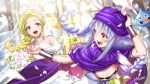  2girls :d alternate_costume animal_ear_fluff animal_ears armlet artist_name asymmetrical_bangs bangs bianca black_leotard blonde_hair blue_eyes blush bouquet braid braided_ponytail breasts bridal_gauntlets bridal_veil bunny_ears bunnysuit burnt_clothes carrot_hair_ornament cleavage cloak commentary cosplay crossover dragon_quest dragon_quest_v dress earrings eyebrows_visible_through_hair flower food_themed_hair_ornament forehead gloves hair_between_eyes hair_ornament hand_on_own_head hero_(dq5) hero_(dq5)_(cosplay) hikosan20216917 holding_hands indoors jewelry leotard light_blue_hair long_hair looking_at_another looking_back low-tied_long_hair medium_breasts motion_blur multicolored_hair multiple_girls off-shoulder_dress off_shoulder open_mouth parted_bangs petals purple_cloak red_eyes signature slime_(dragon_quest) small_breasts smile sparkle thick_eyebrows turban twin_braids twintails two-tone_hair upper_body usada_pekora veil wedding_dress white_dress white_gloves white_hair window 