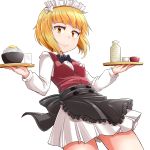  1girl apron bangs bartender black_apron black_neckwear blonde_hair blunt_bangs bottle bow bowl bowtie brown_vest choko_(cup) closed_mouth commentary cowboy_shot cup cutlass_(girls_und_panzer) dress_shirt drinking_glass dutch_angle egg eyebrows_visible_through_hair frilled_apron frills girls_und_panzer handkerchief highres holding holding_tray kitayama_miuki long_sleeves looking_at_viewer maid_headdress miniskirt pleated_skirt rice sake_bottle school_uniform shirt short_hair simple_background skirt smile solo standing tray vest waist_apron white_background white_shirt white_skirt wing_collar yellow_eyes 