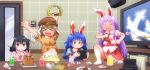  &gt;_&lt; 4girls alcohol animal_ears beer beer_mug black_hair blonde_hair blue_dress blue_hair blush bunny_ears carrot_necklace chopsticks closed_eyes commentary_request cup dress drink ear_clip eyebrows_visible_through_hair flat_cap floppy_ears food french_fries hat highres holding holding_microphone inaba_tewi indoors instrument karaoke kune-kune matty_(zuwzi) menu microphone midriff mug multiple_girls music navel necktie open_mouth orange_shirt phone pink_dress puffy_short_sleeves puffy_sleeves purple_hair red_eyes reisen_udongein_inaba ringo_(touhou) seiran_(touhou) shirt short_sleeves singing skirt socks spoon spoon_in_mouth table tambourine touhou 