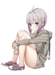  1girl absurdres ahoge air_pods bangs bare_legs blue_eyes blush bottomless crown_hair_ornament eyebrows_visible_through_hair flower from_side full_body grey_hoodie hair_ornament heterochromia highres holding lavender_hair leg_hug looking_at_viewer original pink_nails purple_eyes purple_flower shoes short_hair simple_background sitting sleeves_past_wrists sneakers solo wet.elephant white_background 