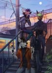  2020 anthro clothing fingerless_gloves gloves graffiti group hand_in_pocket handwear hi_res moon open_mouth orphen-sirius pockets scenery shoulder_bag sitting stairs train vehicle 
