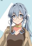 1girl bespectacled blue_eyes blue_hair brown_blouse brown_coat choker coat earrings glasses gotland_(kantai_collection) hinase_(jet_hearts) hoop_earrings jewelry kantai_collection long_hair looking_at_viewer mole mole_under_eye side_ponytail solo twitter_username two-tone_background upper_body 