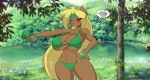  anthro big_breasts bikini blonde_hair blush breasts cleavage clothed clothing clover female forest gesture green_bikini green_clothing hair hand_on_hip holidays long_hair mammal mastergodai pointing solo st._patrick&#039;s_day swimwear tree ursid 