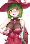  1girl absurdres bangs bare_shoulders blush book breasts choker cleavage collarbone dress eyebrows_visible_through_hair gem gloves green_hair hand_on_hip hat heterochromia highres holding holding_book large_breasts looking_at_viewer monocle name_tag nose_blush open_mouth original pink_choker pink_dress pink_gloves pink_headwear purple_eyes saliva see-through short_hair simple_background smile solo symbol-shaped_pupils wet.elephant white_background witch_hat yellow_eyes zipper_pull_tab 