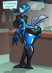  2019 anthro avian aygee beak belle_(aygee) bird blue_body butt clothing female glistening glistening_body hi_res inside shirt smile solo standing topwear 